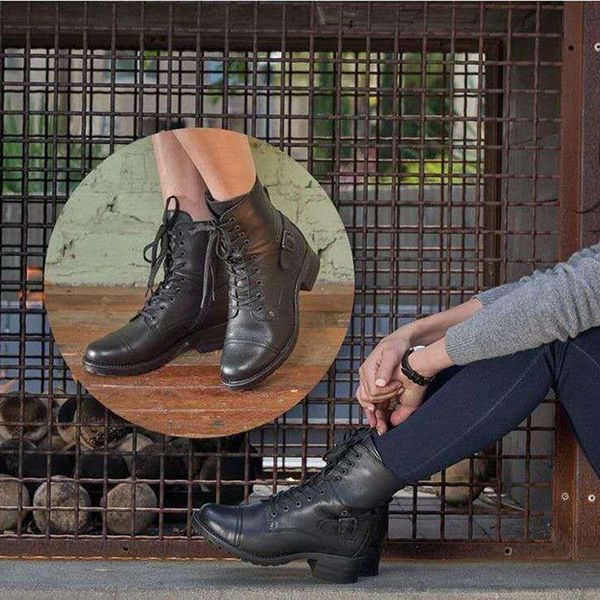 

2020 new mid heel winter boots women's pu leather round toe classic black lace-up warm lady martin boots winter