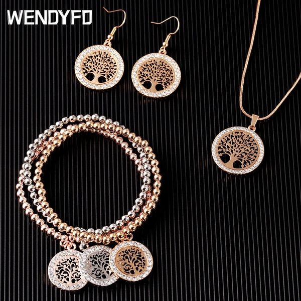 

wendyfo new fashion gold color crystal pendant necklace set women tree of life chain necklace earring bracelet charm jewelry set y200602, Slivery;golden