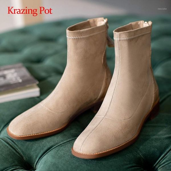 

krazing pot fashion boot stone pattern square toe thick med heel zipper young lady daily wear noble ankle boots l221, Black