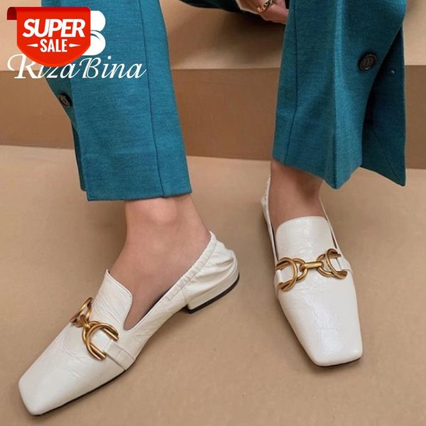 

rizabina new women flat shoes genuine leather metal buckle women shoes fashion square toe footwear size 34-39 #ko16