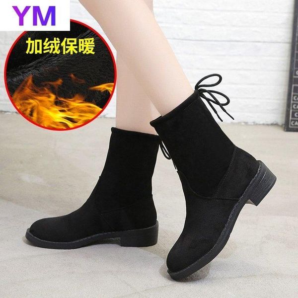 

boots drop 2021 flock winter women shoes woman high heels ankle lace up booties, Black