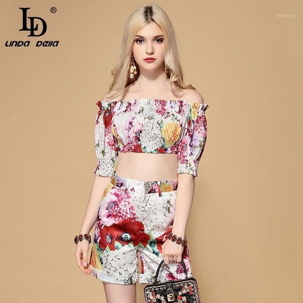 

ld linda della casual vacation 2 two pieces set fashion runway women's sets slash neck + boho beach holiday shorts set1, White