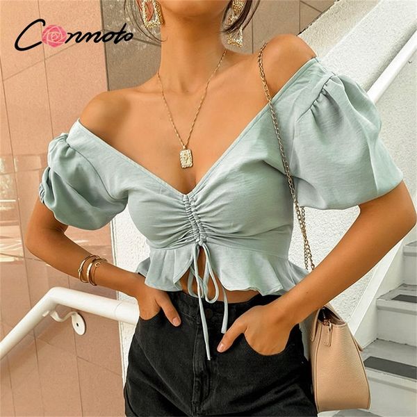

conmoto beach chiffon crop women blouse shirts lace up ruffles puff blouses feminino puff casual blusas mujer lj200813, White