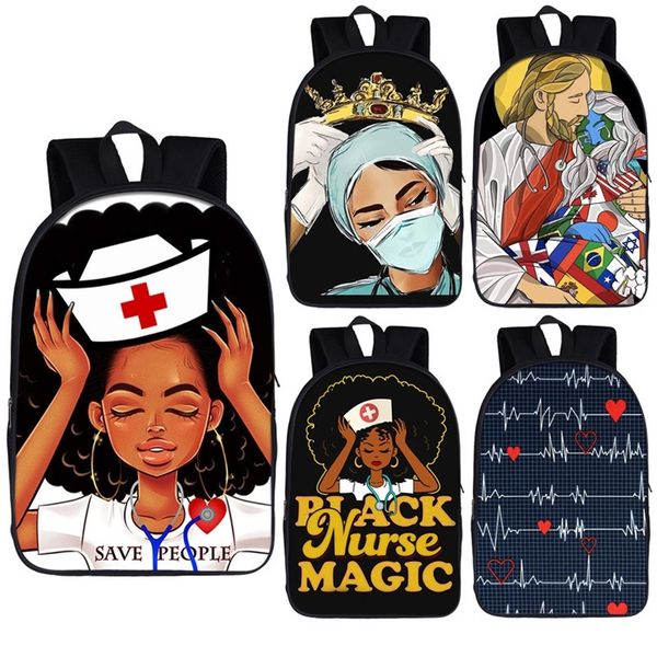 Schwarze Krankenschwester mit Krone Rucksack für Teenager Mädchen Kinder Schultaschen Afro Frauen Canvas Reisetasche Student Bagpack Kid Bookbag 201117