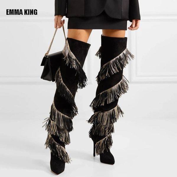 

2020 fashion knee high boot lady tassel over the knee booties bohemian boho high heel long boots mujer women new arrival1, Black