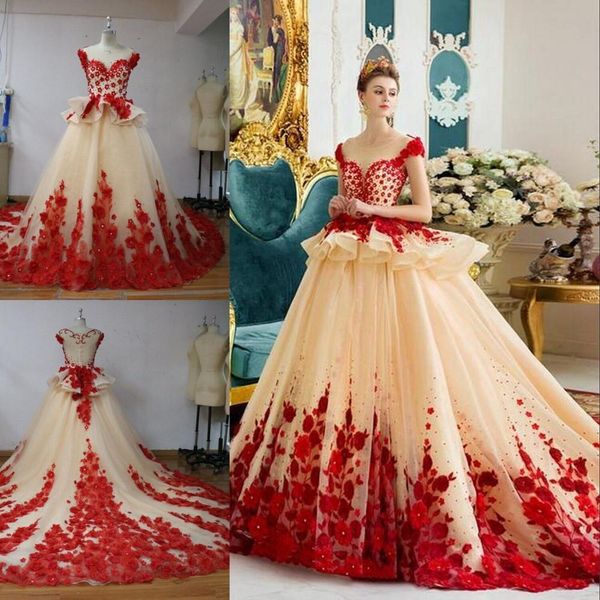 Cap lindo vestidos de noiva com flores vermelhas apliques Tulle Longo vestido de noiva mangas Peplum botões vestido de noiva reais Imagens AL7236