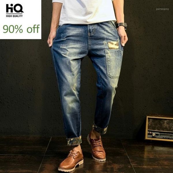 

japanese harajuku men new zipper jeans spring fashion full pants loose fit harem pants male ripped plus size40 421, Blue