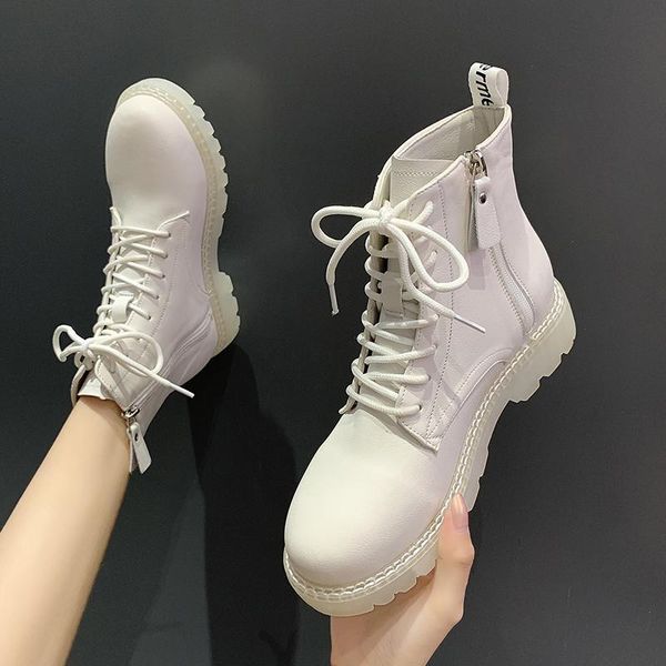 

rock shoes woman flat heel luxury designer summer boots women round toe booties ladies lace up boots-women fashion rubber, Black