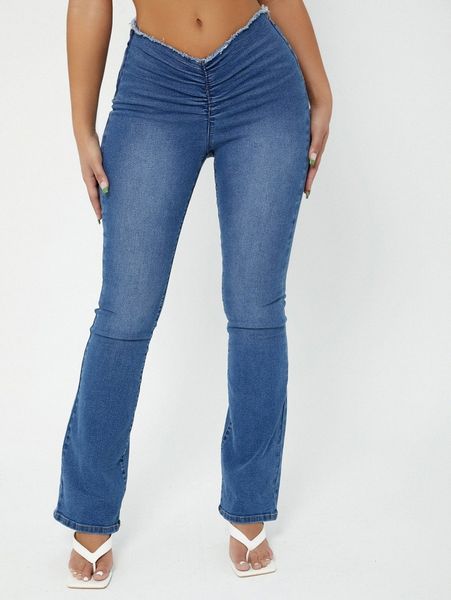 

sxy raw hem ruched flare leg jeans c68s#, Blue
