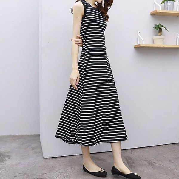 

2021 womens sleeveless striped dress casual dresses summer holiday sashes sundress long dress high waist big swing a line long vest, Black;gray