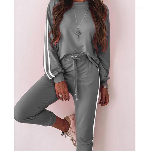 

2020 new autumn womens 2pcs o-neck long sleeve pullover t-shirt drawstring long trousers striped tracksuit casual sport set1, Gray