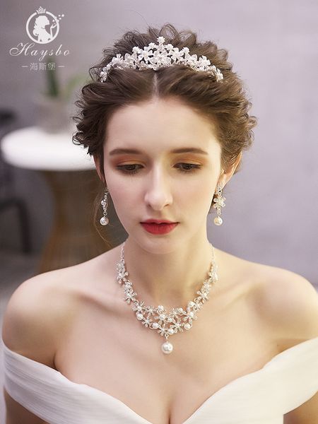 

mfairy korean bridal headdress 2020 new super crown necklace earrings white dress wedding hair accessories set k, Silver