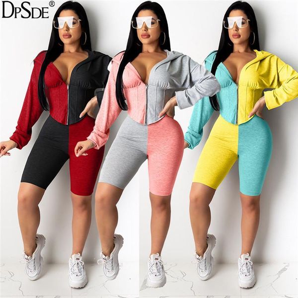 

dpsde women 2020 new casual movement style sets long sleeve hooded neck elastic short pants stitching color two piece sets1, White