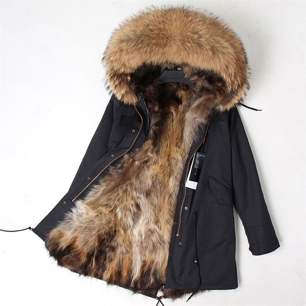 

women's coats natural raccoon fur medium size ladies winter coat thick fur liner slim female jacket fur coat woman parkas 201212, Black