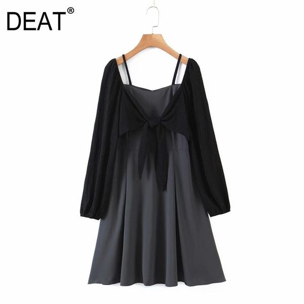 

deat] 2021 spring autumn new fashion tide women square collar high waist long sleeve splicing loose fake two mini dress 13w341, Black;gray
