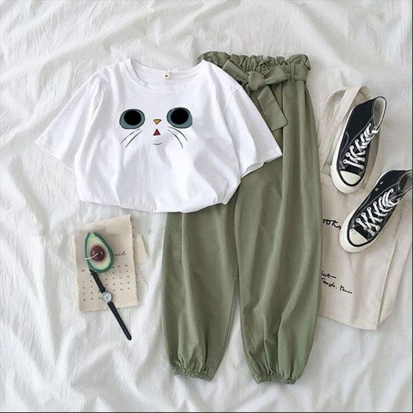 

summer two piece set female cute printed tracksuit fashion casual high waist bandage green pants suits women plus size outfits, Gray