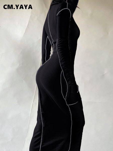 

cm.yaya women patchwork hooded long sleeve bodycon maxi dress club party long dresses 2021 spring winter y0118, Black;gray