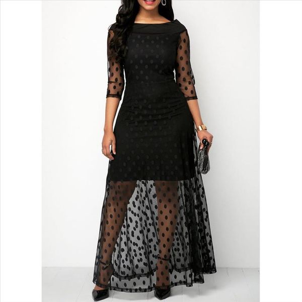 

women long polka dot maxi dress summer boho beach party lace mesh clubwear sundress bodycon formal prom sheer black vestido, Black;gray