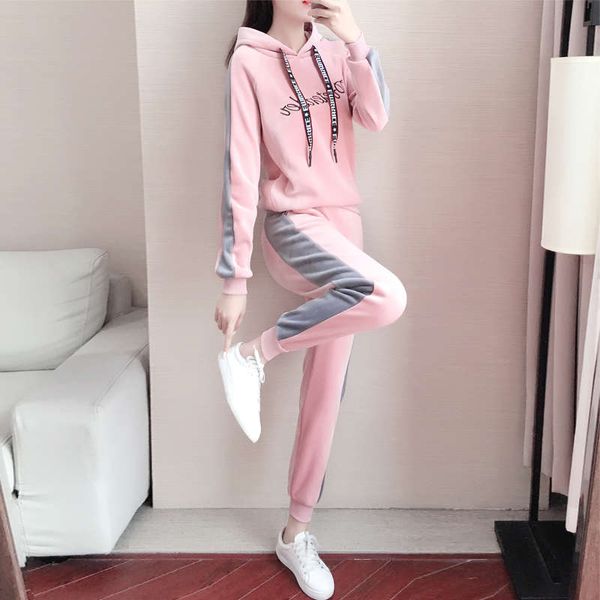 

golden velvet sports women's autumn winter plush thickener 2020 new pink sweater two piece suit fashion, Gray