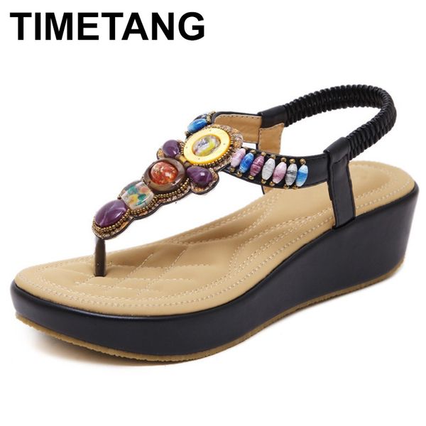 

timetang summer women shoes new fashion slope woman sandals beads plus size femme soft open toe wedges women sandals c056 y200623, Black