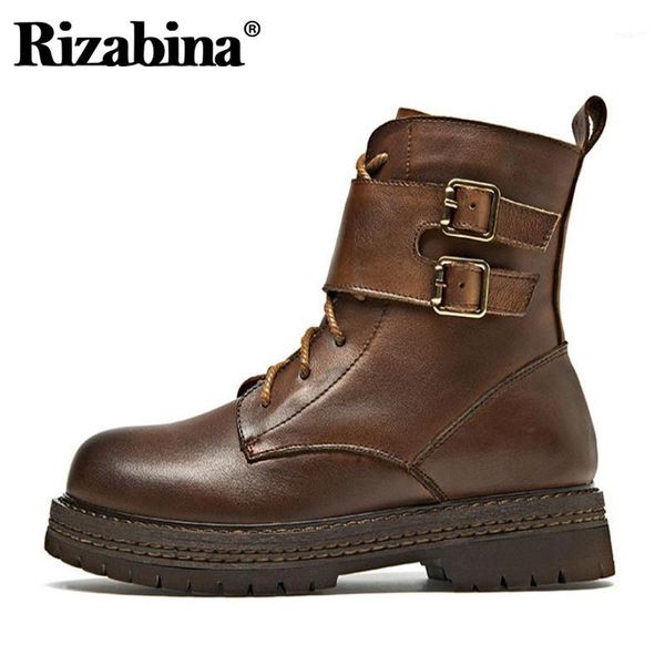 

boots rizabina real leather women ankle buckle zipper flats shoes cross strap winter warm fashion footwear size 35-401, Black