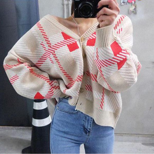 

vintage plaid sweater women autumn winter jumpers v-neck long sleeve loose oversize outwear korea harajuku knitted cardigan x302, White