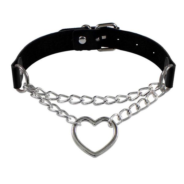 

black round heart punk gothic chain choker necklace on neck collar women girls pu leather pendant necklace buckle jewelry gift, Golden;silver