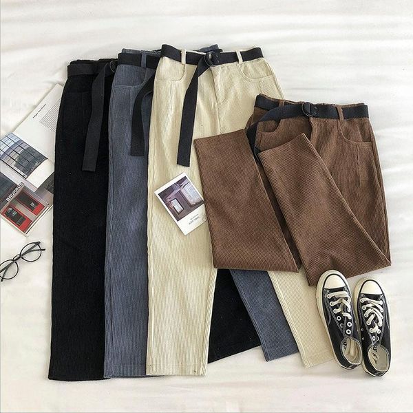 

korean casual pants women's 2020 new autumn winter retro corduroy vintage pants high waist straight capri-pants trousers women1, Black;white