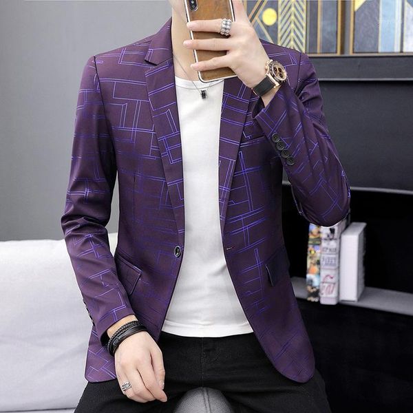 

hoo 2020 men's autumn leisure suit teen printing slim plaid trend of small business suit1, White;black