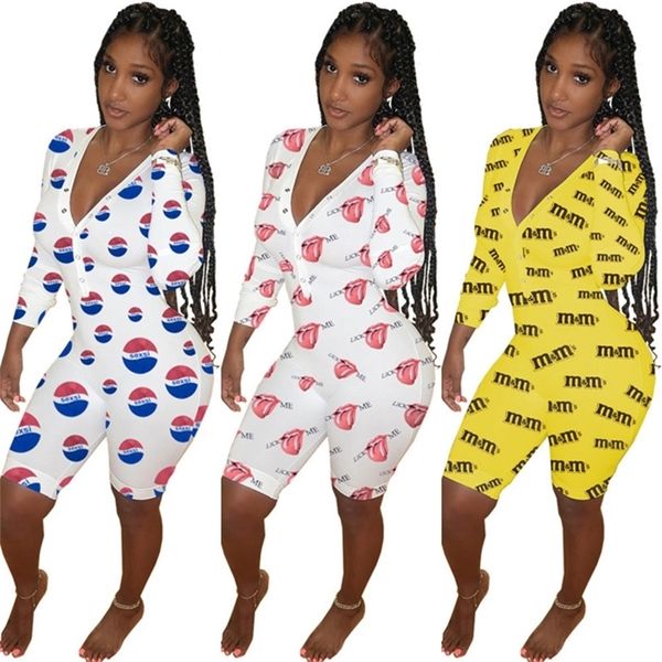 

women rompers long sleeve jumpsuit women designers pants valentines mother day v neck bodysuit fashion printed overall outfits gg12106, White