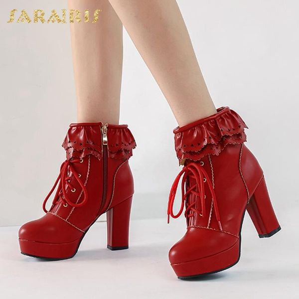 

boots sarairis fashion 2021 plus size 48 ruffles platform office lady woman shoes zip up chunky heels autumn winter, Black