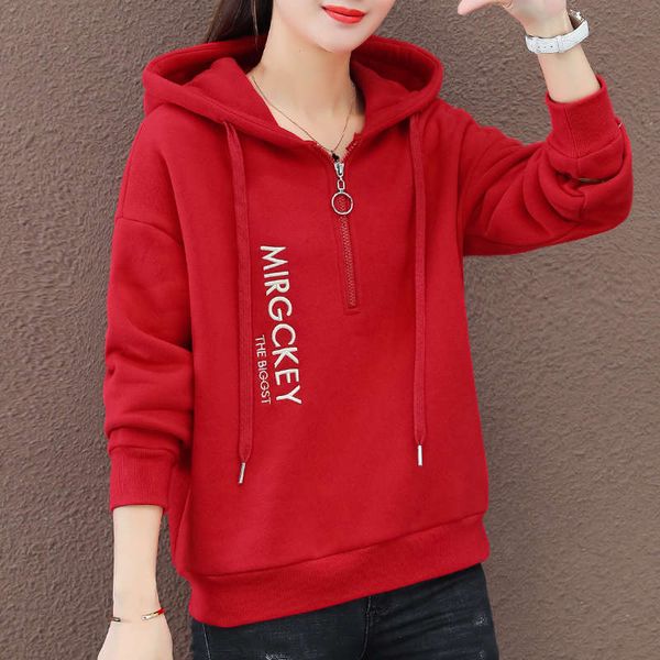 

hooded sweater women plush thickened autumn winter 2020 new loose korean red drawstring foreign style jacket, Black