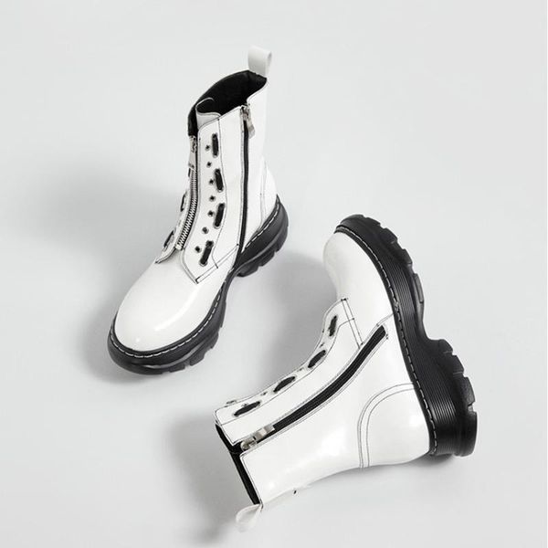 

thick sole flat platform motorcycle boots shiny black leather ankle long botas de mujer
