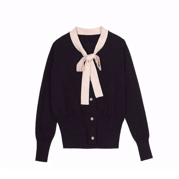 

chic autumn contrasting color lace-up bow loose slimming long-sleeved cardigans women sweater elegant korean chi bbyrfo, White;black