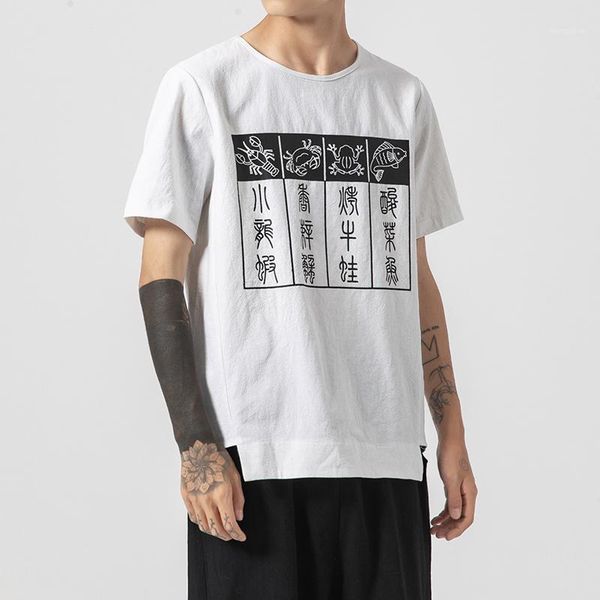 

men summer short sleeve print linen t shirt male streetwear hip hop fashion tshirt black white tees shirts plus size1, White;black