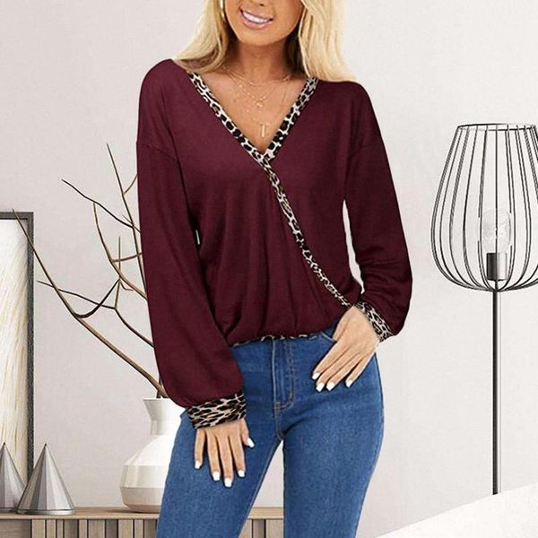 

leopard print loose v-neck long sleeve women shirt leopard shirt mujer blouse camiseta female casual loose print sleeve, White