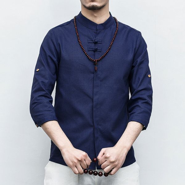 

2020 new chinese style autumn large size 3 / 4 sleeve cotton linen shirt men's coil button, White;black