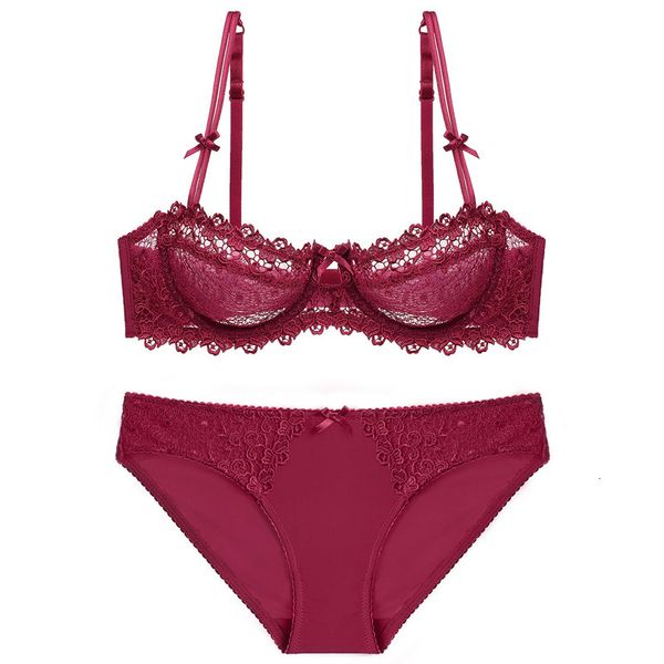 

new water soluble half cup lace ultra thin bra suit, Red;black