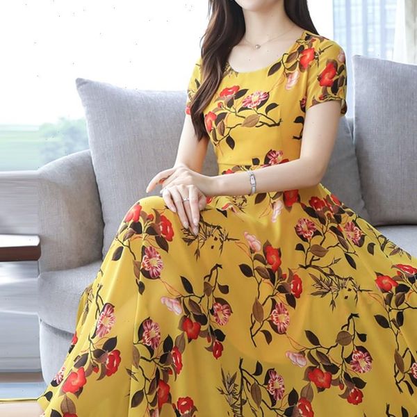 

2021 new chiffon dress women summer short sleeve floral print boho dress slim women long dress elegant sukienki vestidos j30, Black;gray