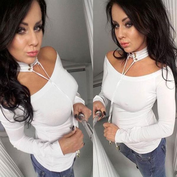 

women solid color choker neck off shoulder t-shirt long sleeve skinny 1, White