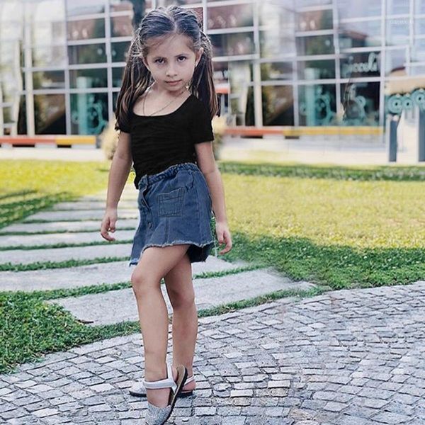 

clothing sets toddler kids clothes girls 6 to 7 solid color o-neck short sleeve t-shirt +denim skirt summer outfits set girls1, White