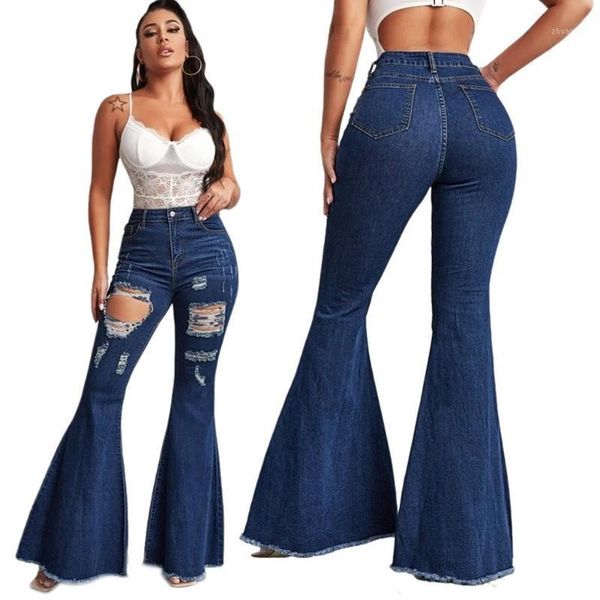 

jeans nuns wash hole-in-the-wall denim flared pants with wide-legged water1, Blue