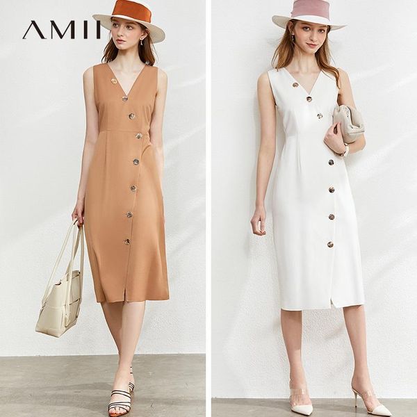 

amii spring summer solid slim vneck sleeveless dress women causal botton knee-length dress 120401571, Black;gray