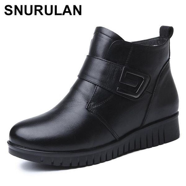 

boots snurulan 2021 warm comfortable thick wool snow women flat non-slip fashion shoes real leather, Black
