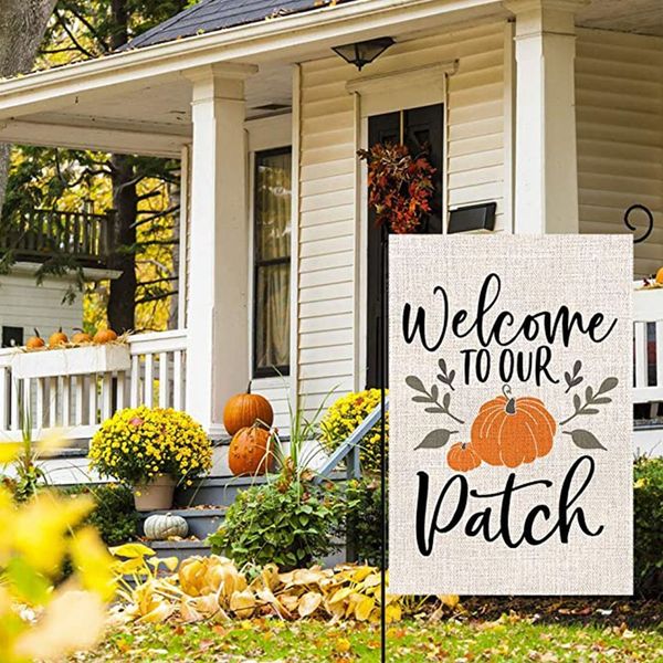

autumn pumpkin welcomes small garden flag vertical double side 12.5 x 18 inch wind, weather and fade resistant machine washable