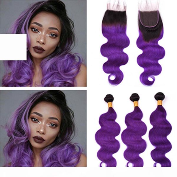 

#1b purple ombre peruvian virgin hair 3bundles with closure body wave wavy ombre purple human hair weave wefts with 4x4 front lace closure, Black;brown