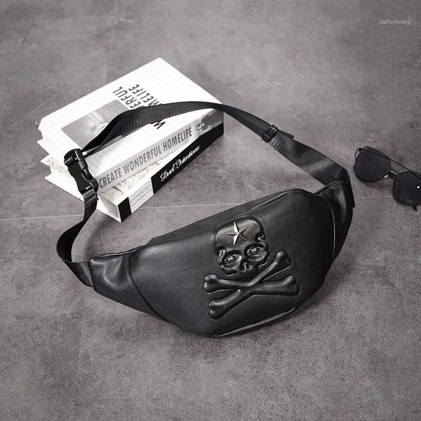 

mihaivina men's skull black leather waist pack chest bag women punk travel fanny pack shoulder belt bag fashion hip bum1