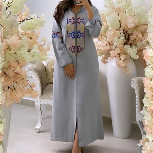 

autumn 2020 arabian women long dress vintage print color block long sleeve ankle-length elegant long robe maxi vestidos, Black;gray