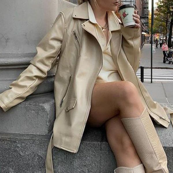 

women's leather & faux hadara fashion moto biker high imitation coats women elegant apricot pu jackets spring loose ladies, Black