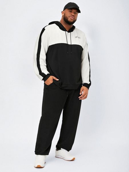 

extended sizes men letter graphic two tone drawstring hoodie & sweatpants l1e3#, Gray